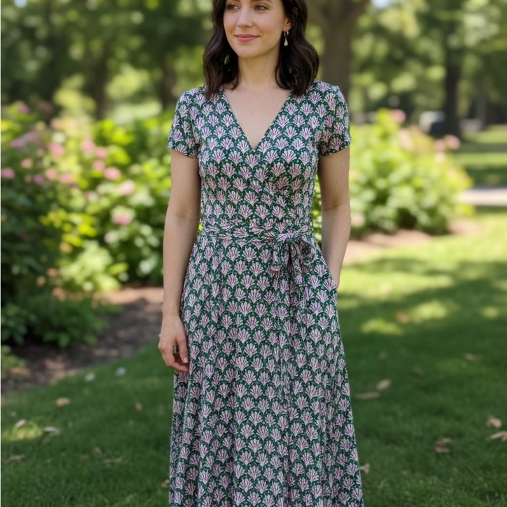 Boden Green and Pink Floral Midi Dress